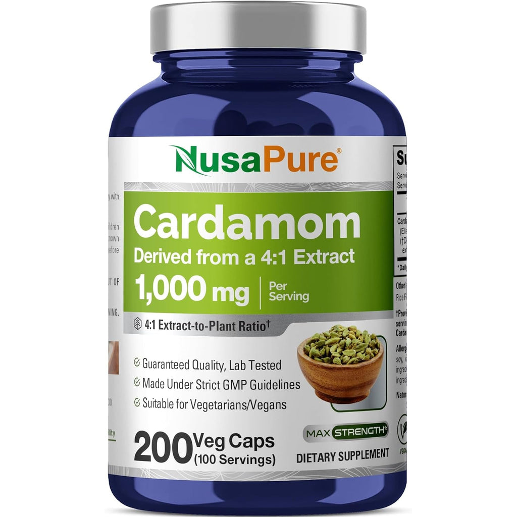 Nusapure Cardamom Capsules, 1000 Mg, 200 Veg Capsules (Non-Gmo, Vegan)