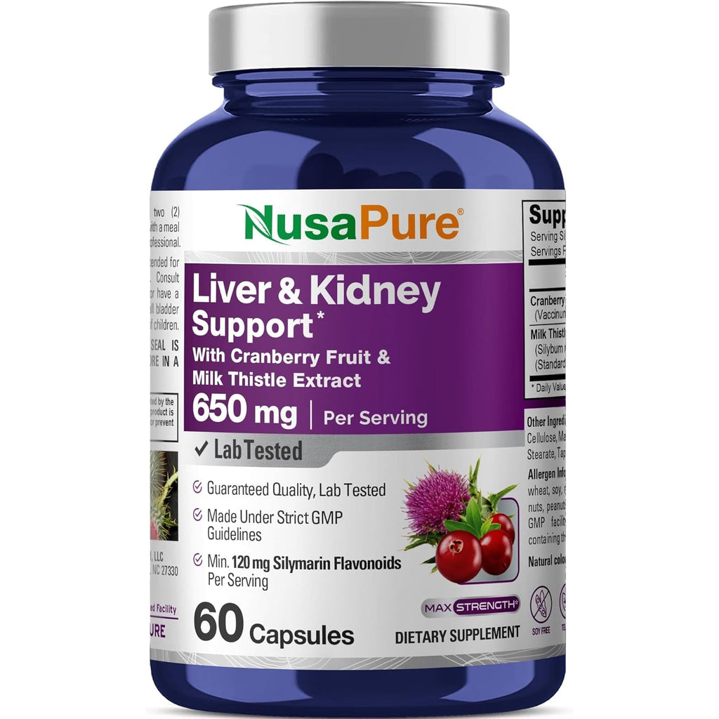 Nusapure Liver & Kidney Support with Cranberry Fruit & Milk Thistle Extract 650 Mg 60 Capsules Non-Gmo Soyfree Dietary Supplement