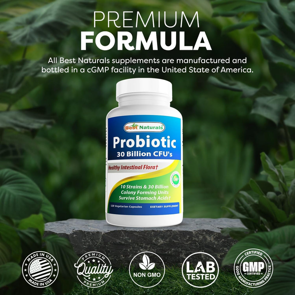 Best Naturals Probiotic 10 Strains & 30 Billion CFU Intestinal Flora, 120 Veggie Capsules - Shelf Stable Probiotic (4146365)