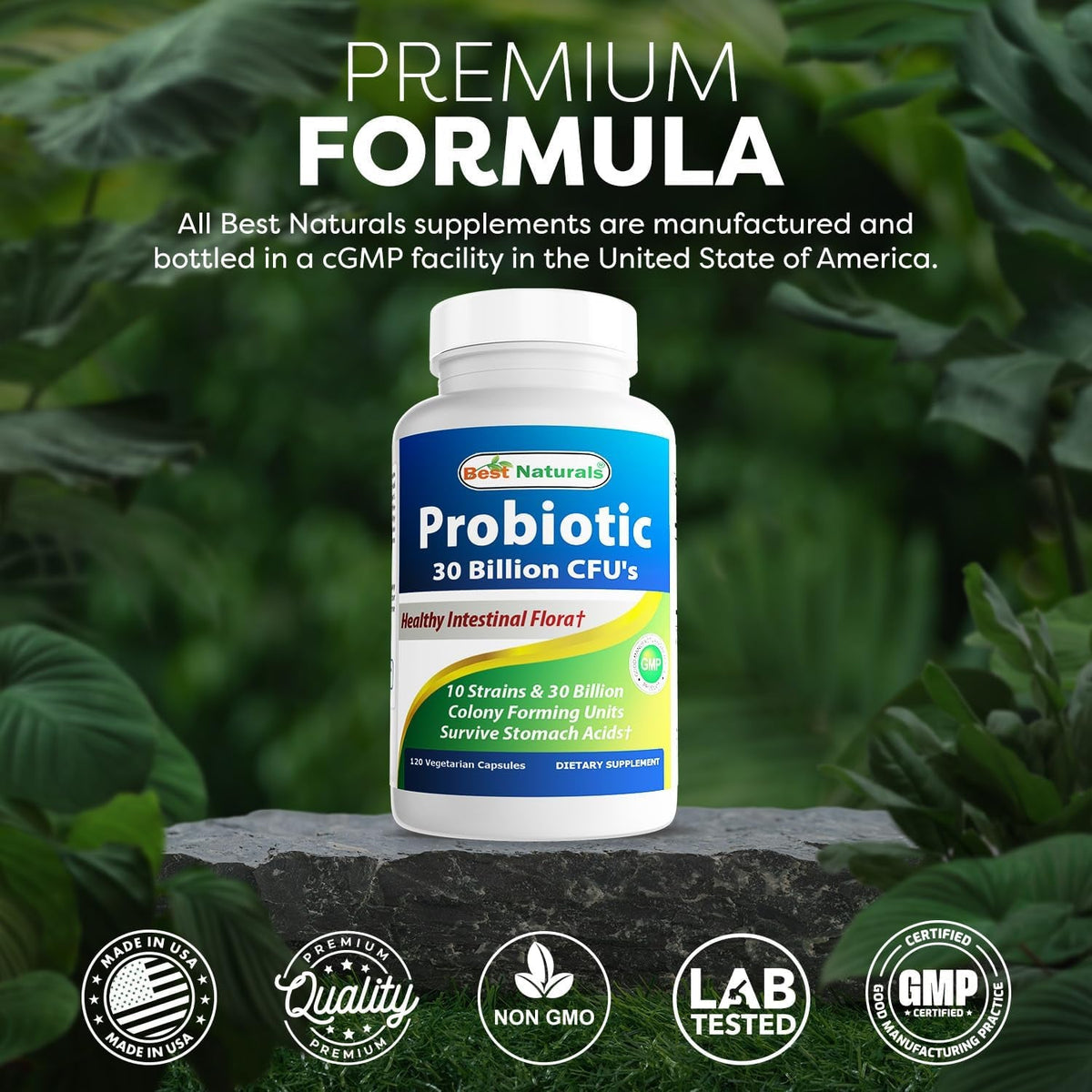Best Naturals Probiotic 10 Strains & 30 Billion CFU Intestinal Flora, 120 Veggie Capsules - Shelf Stable Probiotic (4146365)