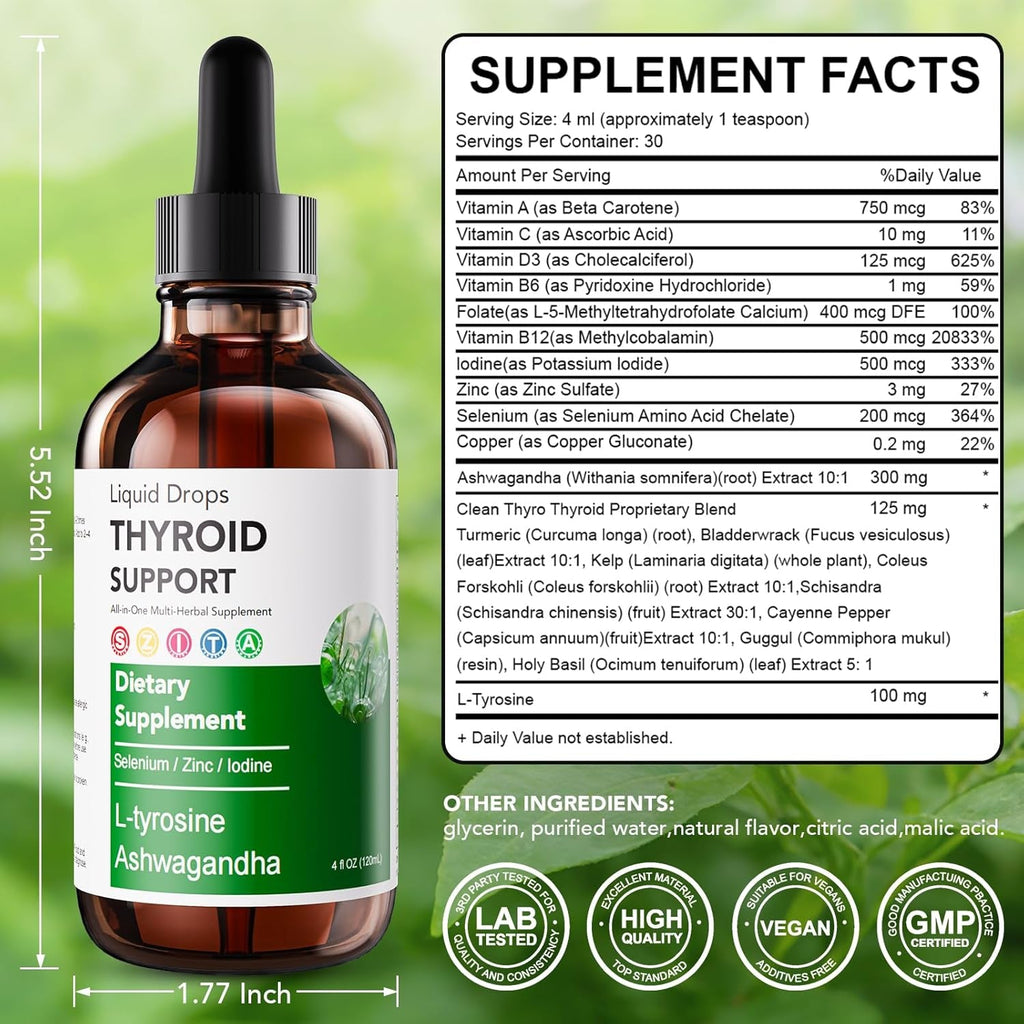 Actora Thyroid Support Liquid Drops, Kindled Thyroid Support Drops with Selenium Zinc Lodine L-Tyrosine Ashwagandha for Hormone Balance - Mood & Energy Supplement - 4 Fl. Oz. (120Ml)