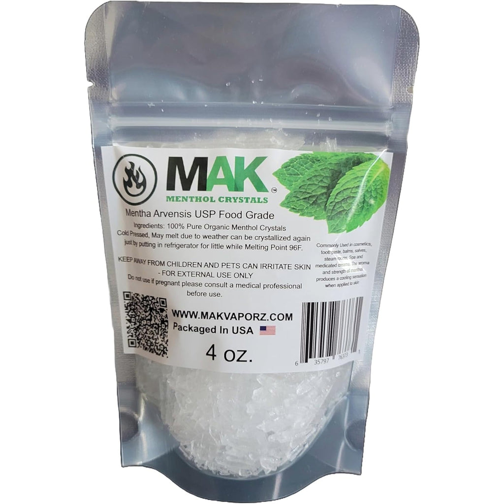 Mak Menthol Crystal 4 Oz - Pure Organic 100% Natural - Menthol Crystals from Mint Crystal Mints Mentha Arvensis - Comes in Resealable Standup Bag for Long-Lasting Freshness