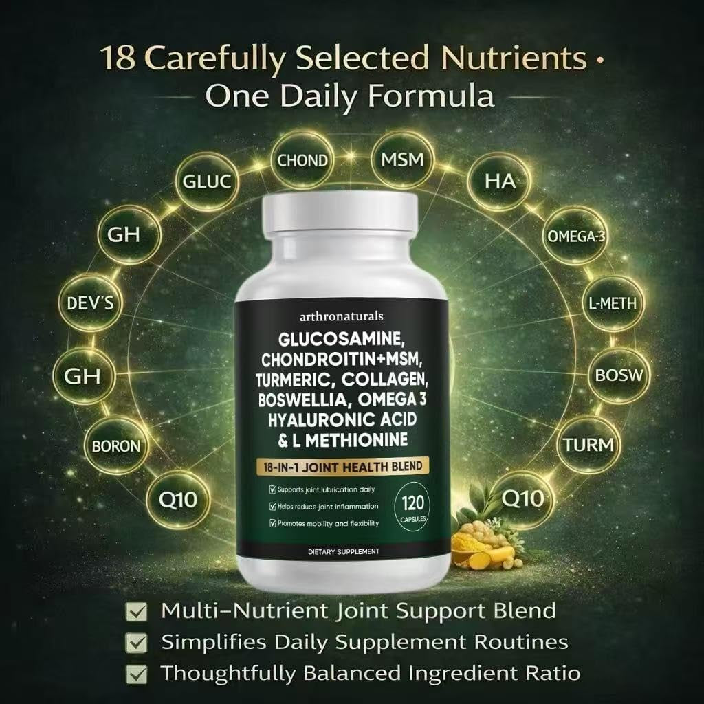 Arthronaturals 18 in 1, Joint Supplement with Glucosamine, Chondroitin, MSM, Hyaluronic Acid, Omega-3 and More, for Provides Joint Support, Improves Mobility & Long Term Health, Vegan - 60 CPS (1)