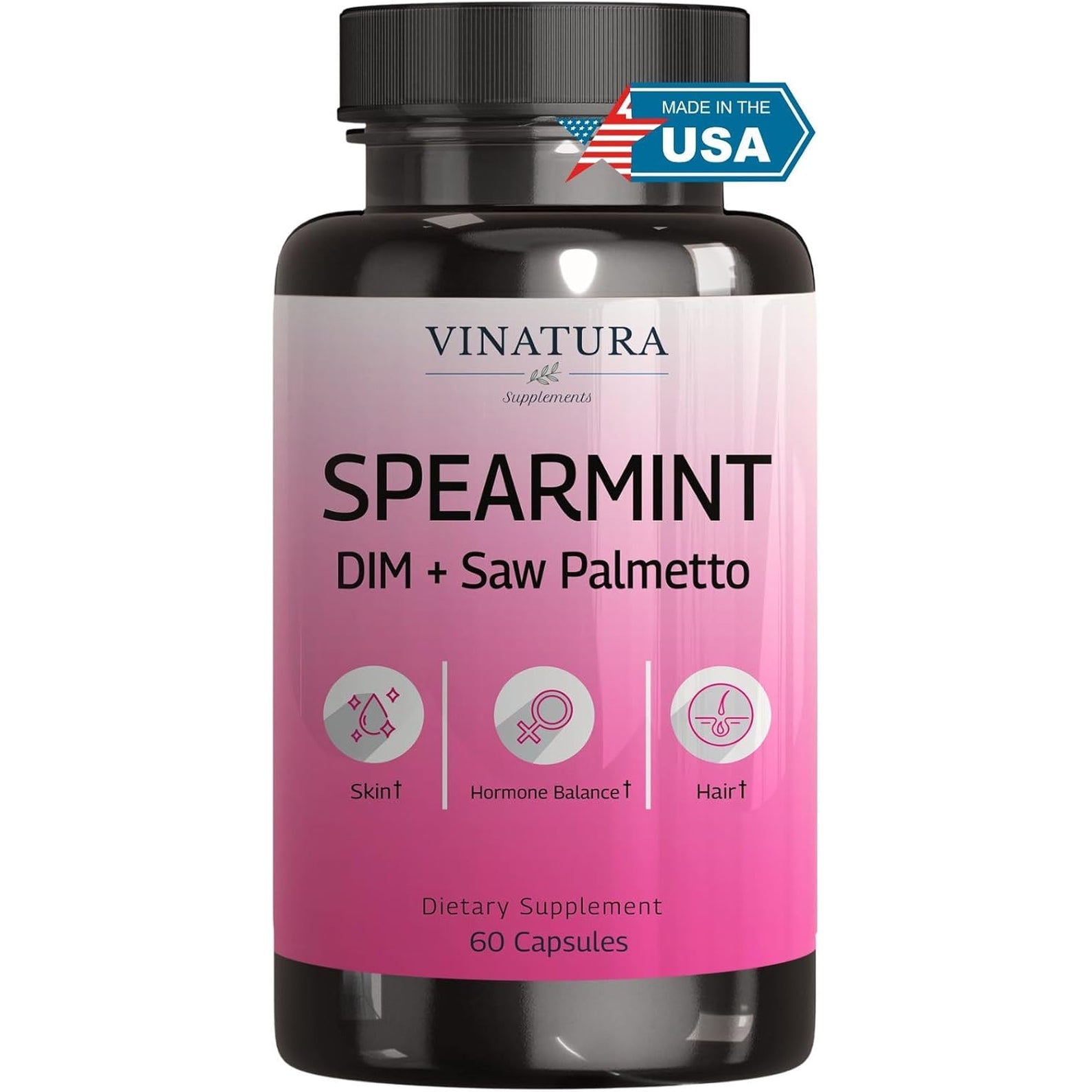VINATURA Spearmint Capsules Supplement - Spearmint Leaf Extract Enhanced with DIM & Saw Palmetto, for Unwanted Hair, Women Health & Skin, USA Made & Tested, 60 Capsules