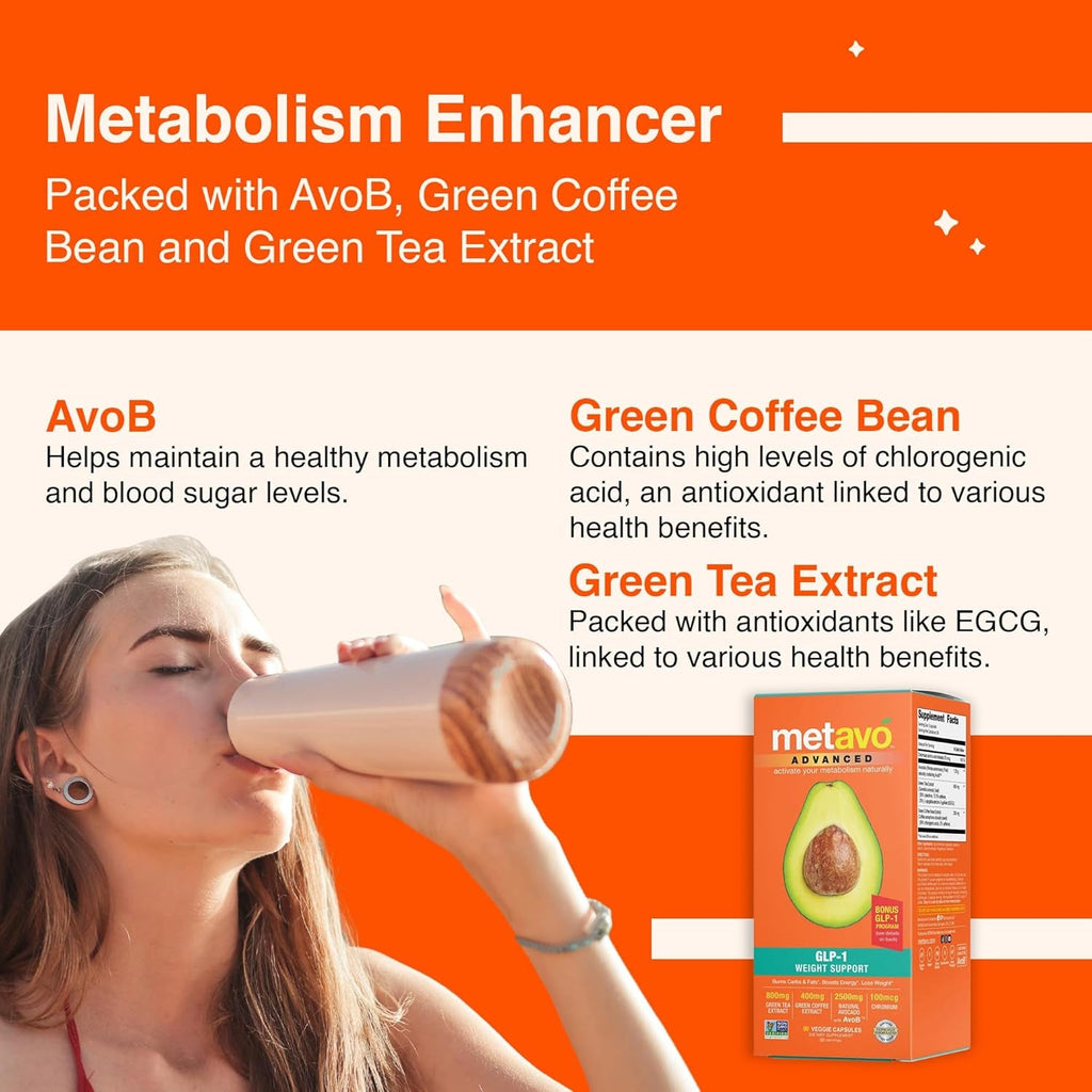 Metavo Advanced Weight Support Natural Diet Supplements with Essential Nutrients for Promoting Wellness, Enriched with Avocados, Green Tea, Chromium & Green Coffee, 90 Easy-To-Swallow Capsules