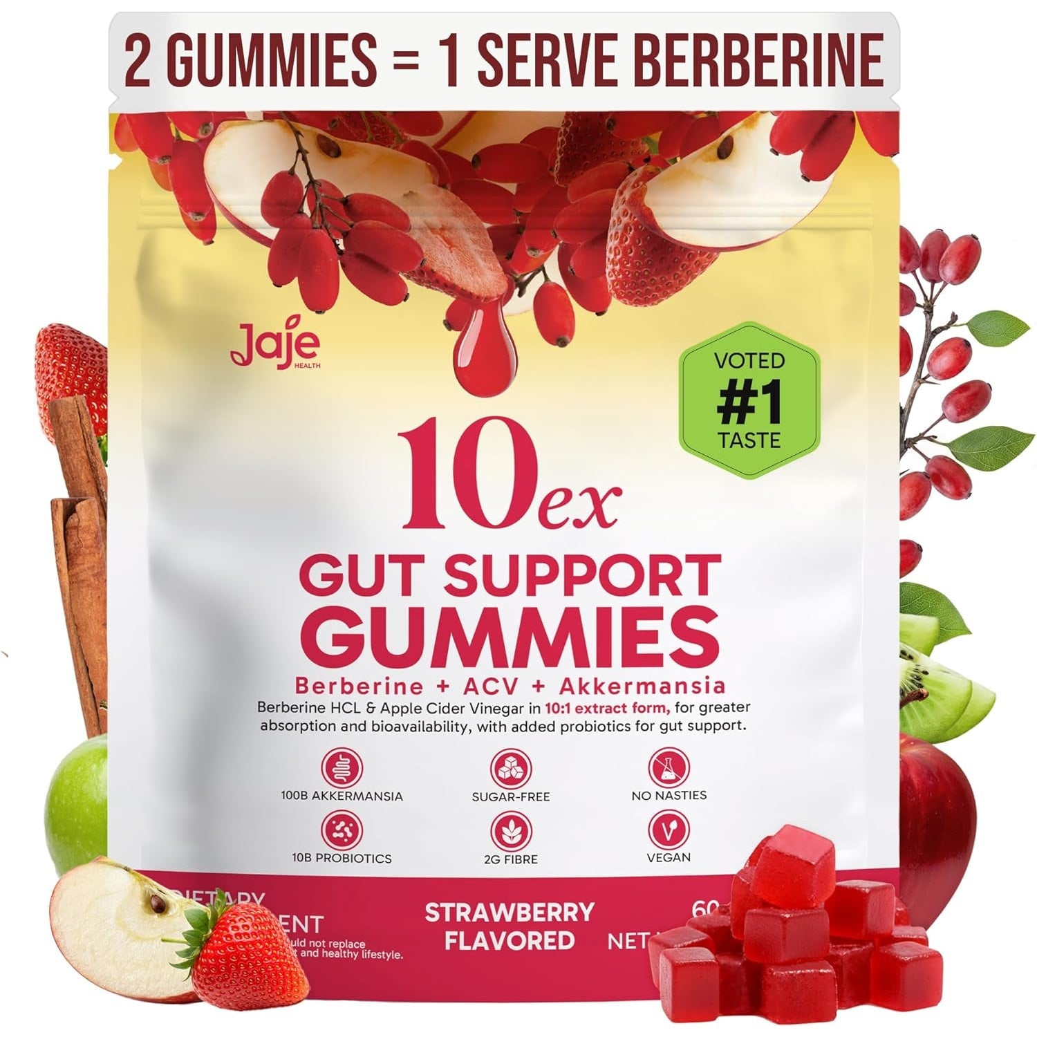 10Ex 3-In-1 Berberine Gummies, Gut Support Gummies. Gut Health, Digestion & Appetite Balance. 100 Billion CFU Akkermansia Probiotics, Apple Cider Vinegar Gummy. Sugar-Free, Vegan, Keto, Low-Carb 60Ct