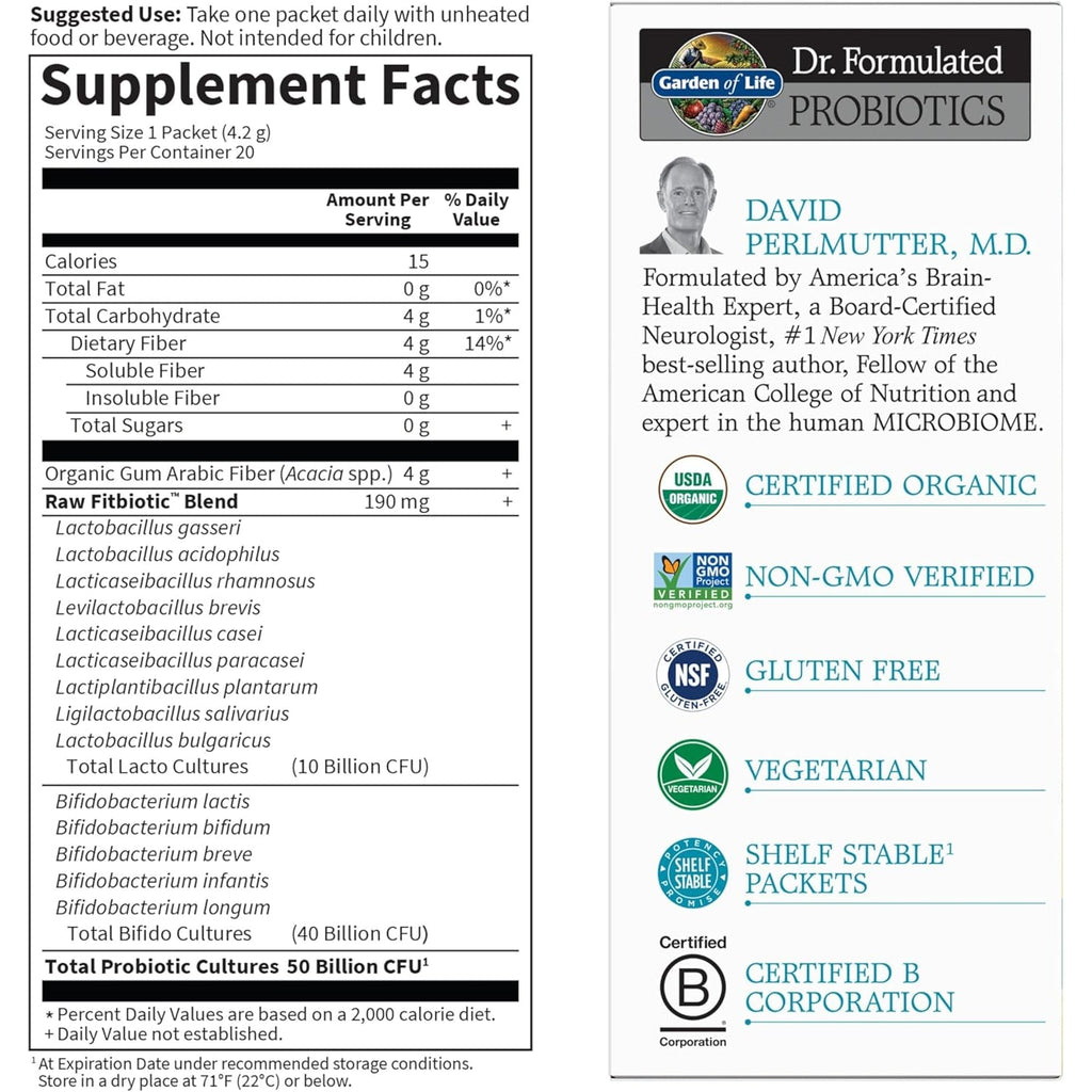 Garden of Life Dr. Formulated Probiotics Fitbiotic Weight Management Powder, 50 Billion CFU & Prebiotic Fiber, Organic & Non-Gmo Digestive Gut Health Probiotic Supplement, 20 Single Serving Packets