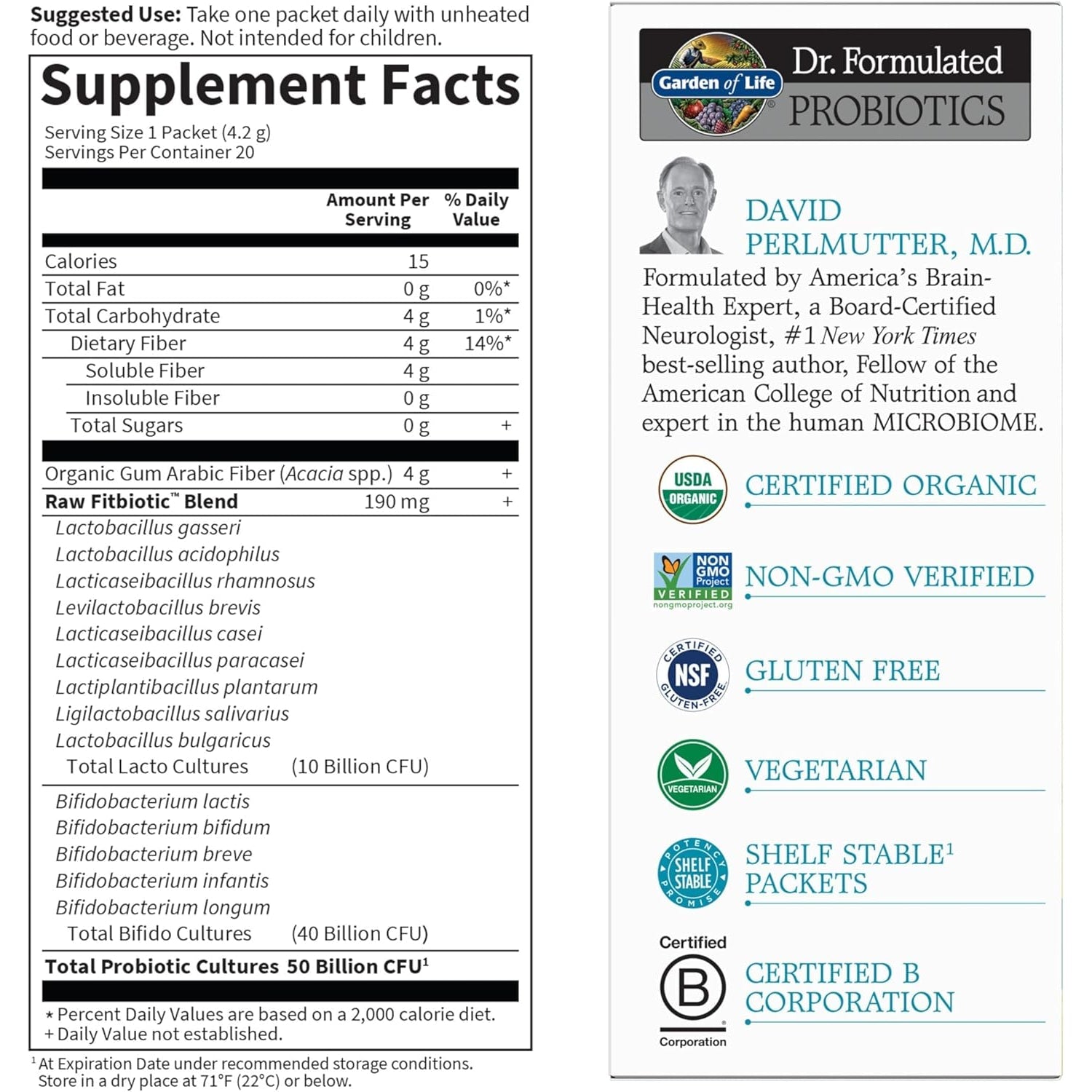 Garden of Life Dr. Formulated Probiotics Fitbiotic Weight Management Powder, 50 Billion CFU & Prebiotic Fiber, Organic & Non-Gmo Digestive Gut Health Probiotic Supplement, 20 Single Serving Packets