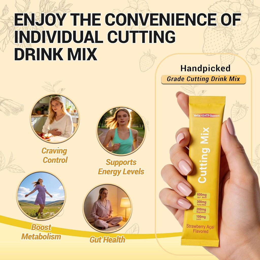 Cutting Drink Mix – Supports Digestive Health, Satiety, and Natural Energy with 5-HTP, Berberine, Cinnamon, Chromium, Yerba Mate, FOS - Strawberry Açaí Flavor - 30 Servings