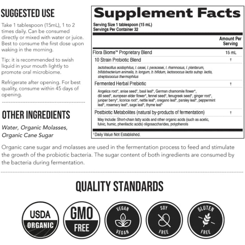 Flora Biome - Live Probiotic, Prebiotic, & Postbiotic – Organic Live-Culture – 10 Probiotic Strains, 18 Fermented Herbs - Complete Gut Health & Microbiome Optimizer (16 Oz)