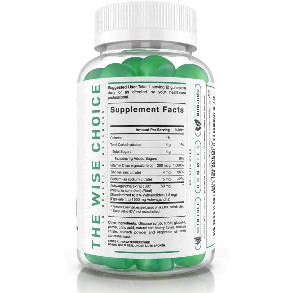 PUREFINITY Ashwagandha Gummies with Vitamin D & Zinc – Supplement for Relaxation, Calming, and Mood Support – Gluten Free, Non-Gmo, Vegan, 60 Count