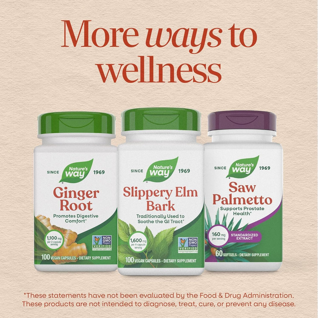 Nature'S Way Slippery Elm Bark Capsules, Traditional Digestive Support to Soothe Gastrointestinal Tract*, 1,600 Mg per 4-Capsule Serving for Traditional GI Support*, Vegan, 100 Capsules