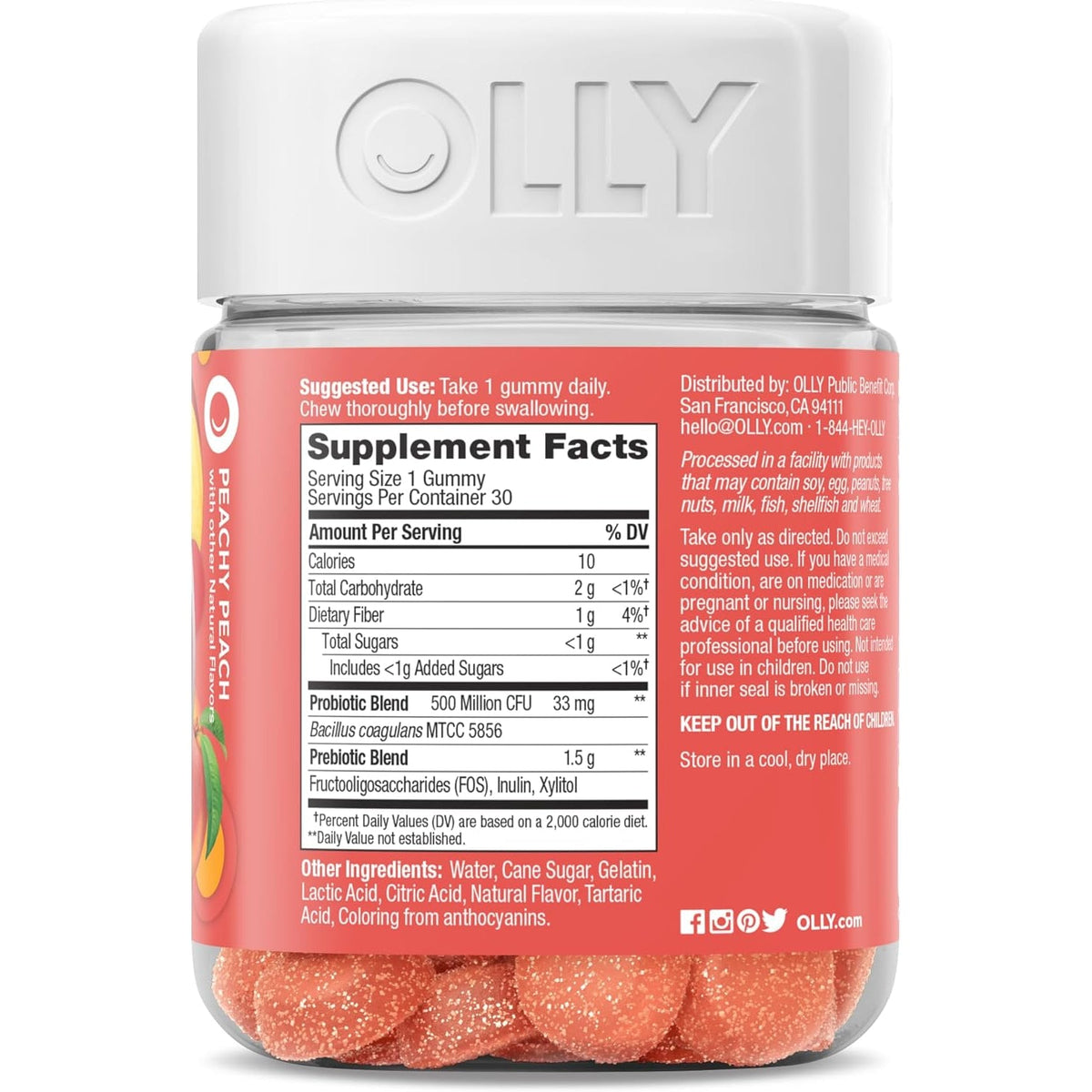 Olly, Probiotic + Prebiotic Gummy, 500 Million Cfus, Fos, Adult Chewable Supplement for Men and Women, Peach Flavored, 30 Day Supply, 30 Count