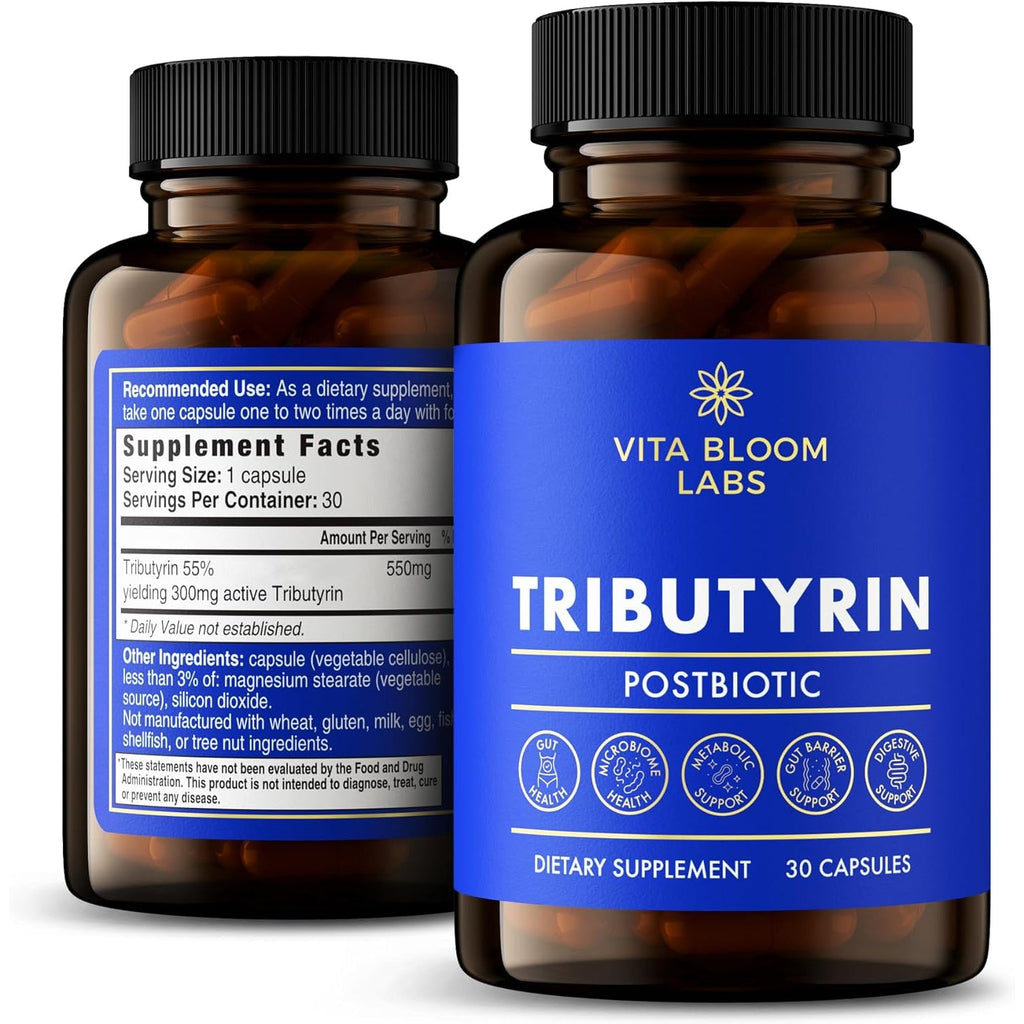 Tributyrin Supplement - Better Delivery & More Effective than Sodium Butyrate - Gut Health & Digestive Support - 3-In-1 Butyrate Postbiotics for Leaky Gut & Gut Barrier Support - 30 Capsules