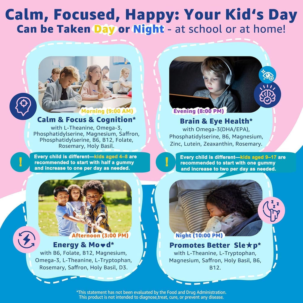 Saffron +Magnesium Glycinate +Omega-3 - Calm Focus Gummies for Kids 4+, Saffron Extract Supplement with L-Theanine, Holy Basil, Rosemary, B6, D3 for Happy Mood, Cognition, Zzz, Sugar Free, 2 Pack