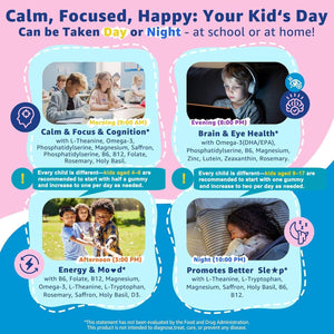 Saffron +Magnesium Glycinate +Omega-3 - Calm Focus Gummies for Kids 4+, Saffron Extract Supplement with L-Theanine, Holy Basil, Rosemary, B6, D3 for Happy Mood, Cognition, Zzz, Sugar Free, 2 Pack