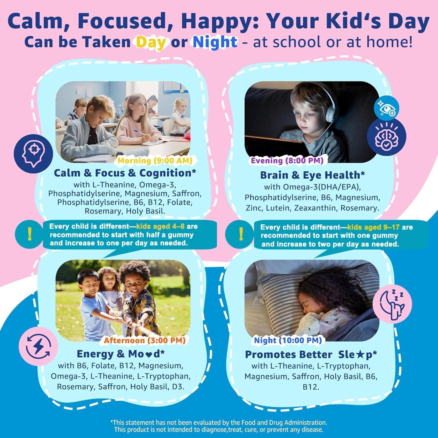Saffron +Magnesium Glycinate +Omega-3 - Calm Focus Gummies for Kids 4+, Saffron Extract Supplement with L-Theanine, Holy Basil, Rosemary, B6, D3 for Happy Mood, Cognition, Zzz, Sugar Free, 2 Pack