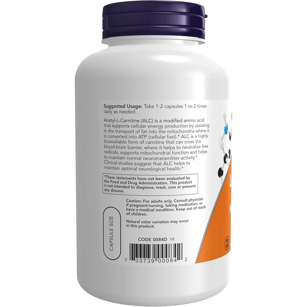 NOW Foods Supplements, Acetyl-L Carnitine 500 Mg, Amino Acid, Brain and Nerve Cell Function*, 200 Veg Capsules