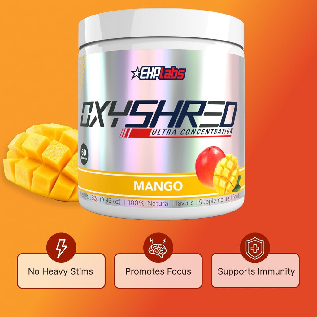EHP Labs Oxyshred Pre Workout Powder - Preworkout Powder with L Glutamine & Acetyl L Carnitine, Energy Boost Drink - Mango, 60 Servings
