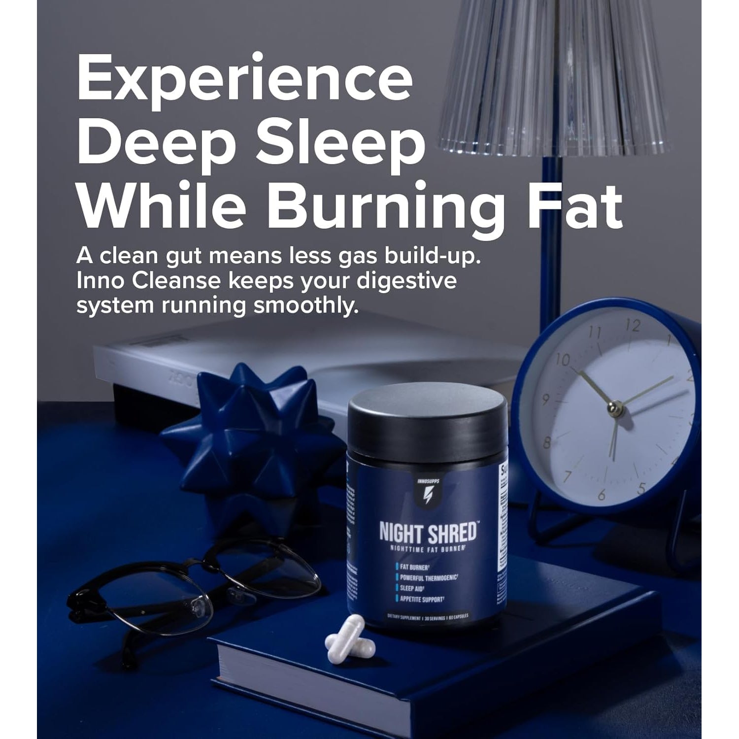 Innosupps Night Shred - Night Time Fat Burner, Weight Loss, and Natural Sleep Support Ashwagandha, 5-HTP, CLA, Melatonin Appetite Suppressant Fat Burning 60 Vegetarian Capsule / 30 Day Supply
