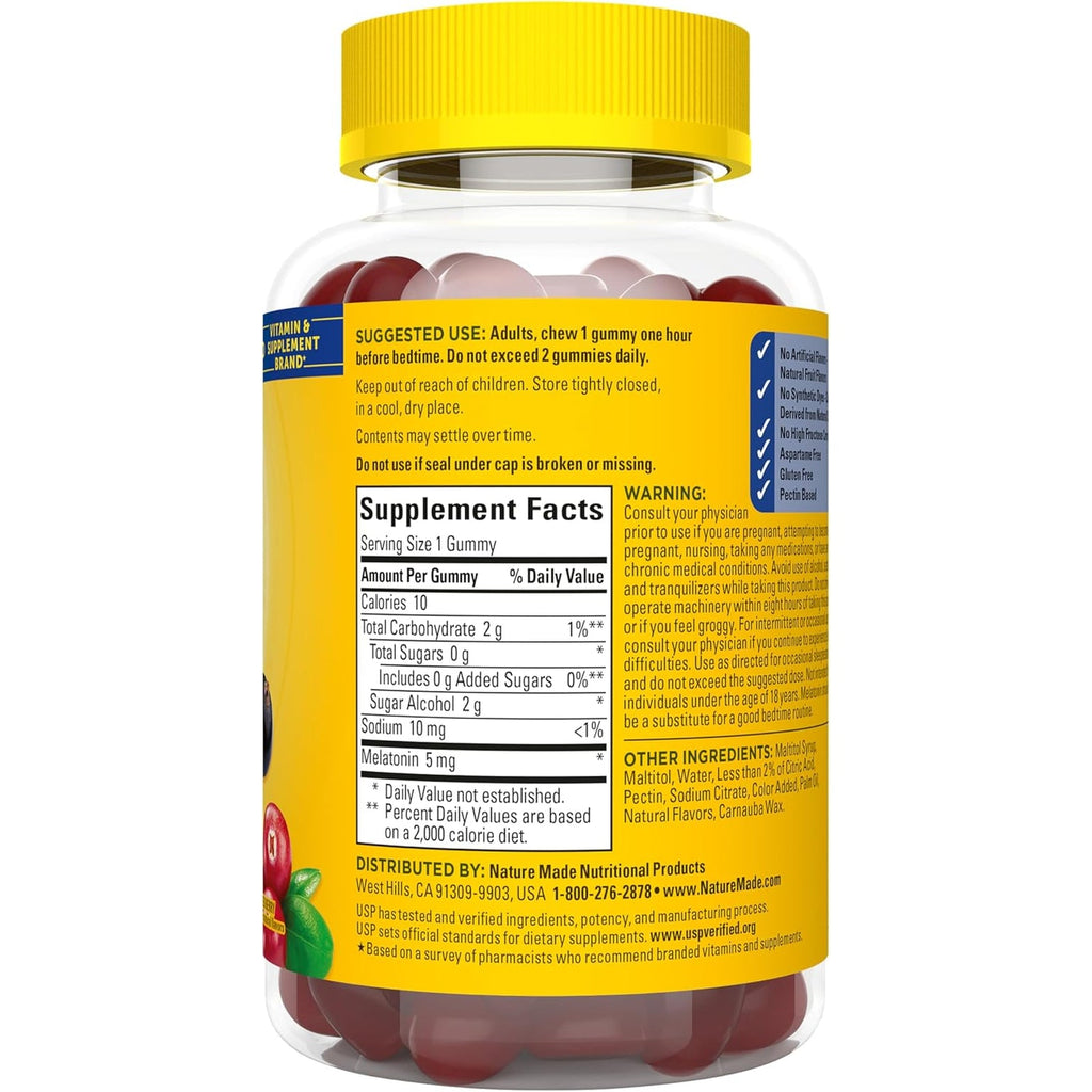 Nature Made Zero Sugar Melatonin 5Mg Sleeping Gummies for Adults Extra Strength, 100% Drug Free Sleep Aid, Aspartame Free, 70 Sugar Free Melatonin Gummies, 70 Day Supply