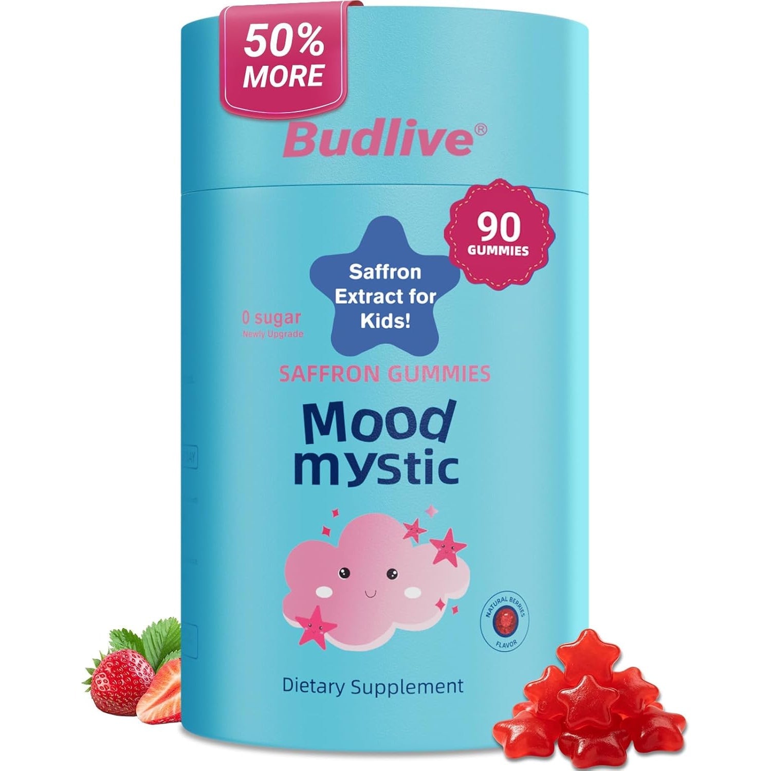 Saffron Supplement Gummies for Kids - Mood Munchies Kids Saffron Gummies with GABA, Mood Balance Calming Gummies for Focus & Cognition, Sugar Free Strawberry Flavor, 90 Counts