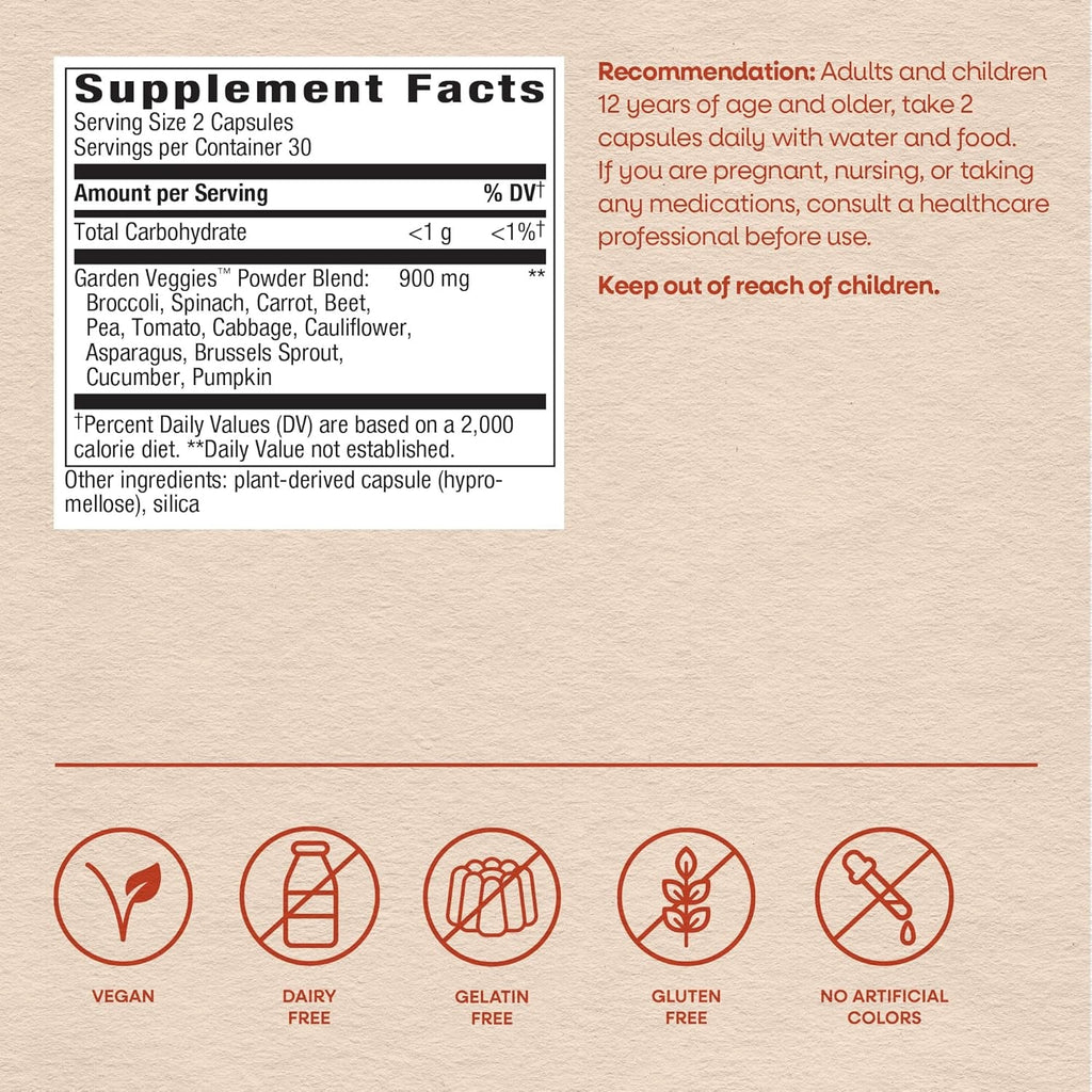 Nature'S Way Garden Veggies, Vegetable Supplement Capsules, Plant-Powered Powder Blend Made with 12 Different Vegetables, Green Superfood Veggie Blend for Daily Wellness, 60 Capsules