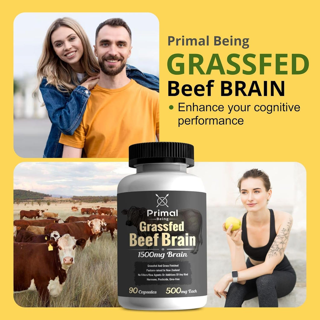 Primal Being Grassfed Beef Brain, Supports Memory, Mood, Focus, Energy, Cognitive Health - 90 Capsules, 1500Mg per Serving