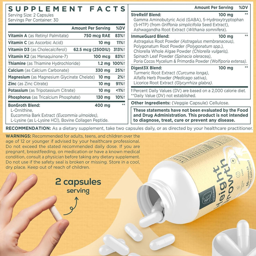 25-In 1 Bone Strength Supplement - for Natural Growth, Digestion and Stress - High Absorption - Calcium, Magnesium, Zinc, Ashwaganda and Multivitamins for Age 12+ | 60 Caps