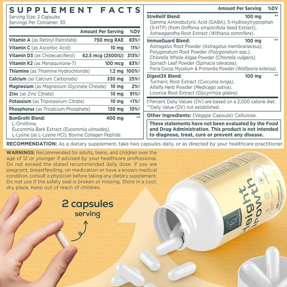 25-In 1 Bone Strength Supplement - for Natural Growth, Digestion and Stress - High Absorption - Calcium, Magnesium, Zinc, Ashwaganda and Multivitamins for Age 12+ | 60 Caps