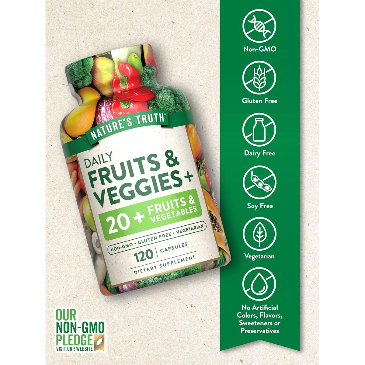 Nature'S Truth Fruit and Veggies Supplement | 120 Vegetarian Capsules | 20+ Fruits & Vegetables | Vegetarian, Non-Gmo, and Gluten Free Supplement