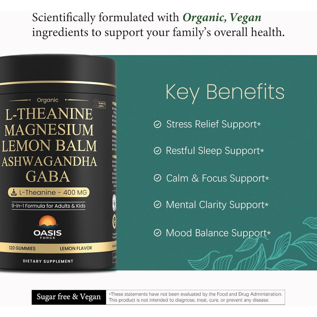 L-Theanine 400Mg Gummies, L Theanine Supplement for Kids & Adults with Magnesium Glycinate, GABA, Ashwagandha, L'Theanine Chewable for Restful Sleep, Stress Support, Relaxation, Calm, 60 Day Supply