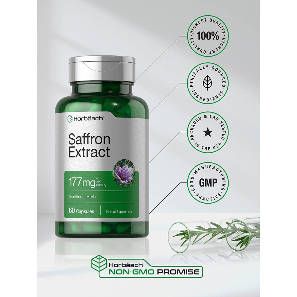 Horbäach Saffron Extract Capsules | 60 Pills | for Women and Men | Non-Gmo, Gluten Free Supplement