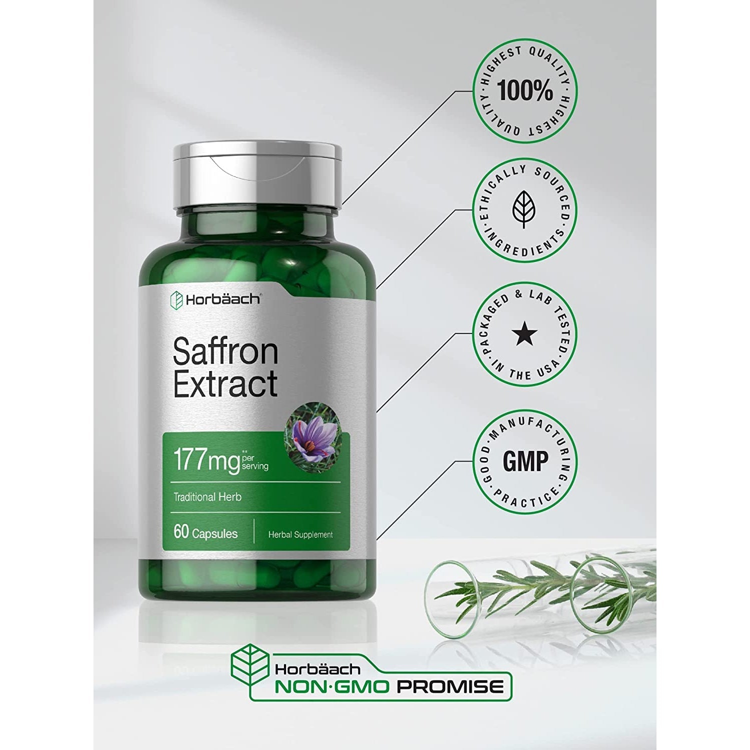 Horbäach Saffron Extract Capsules | 60 Pills | for Women and Men | Non-Gmo, Gluten Free Supplement