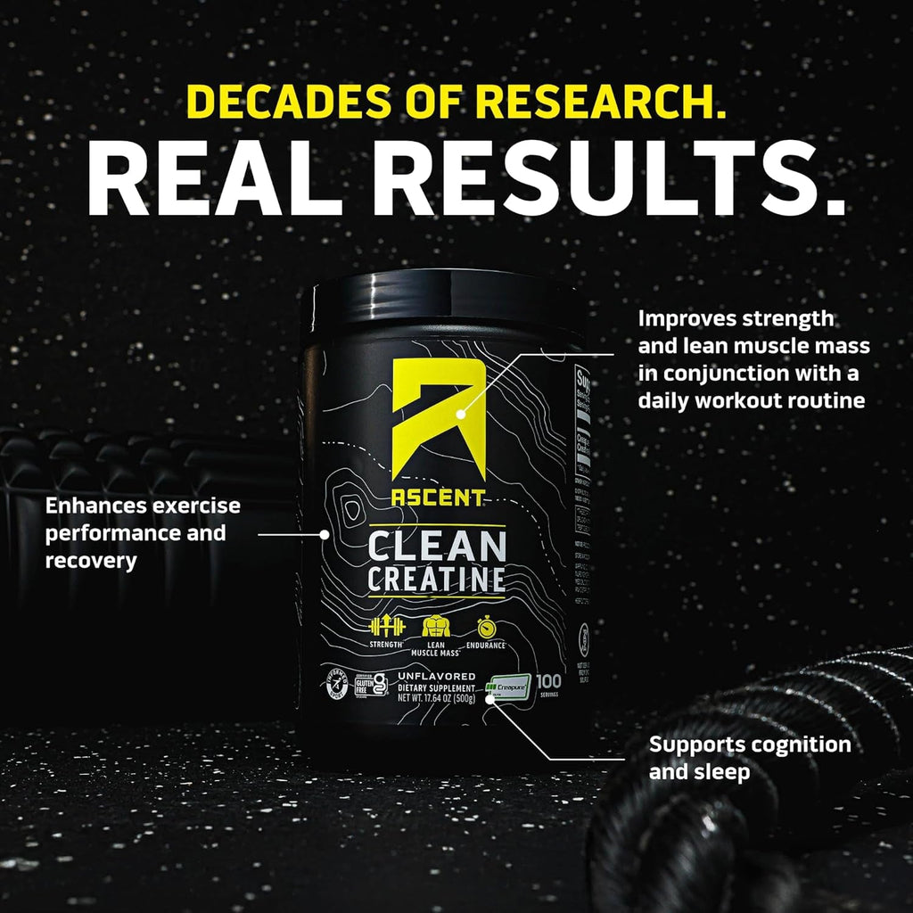 Ascent Clean Creatine Monohydrate Powder - 5G per Serving, Creapure Creatine Supplement - Unflavored, 100 Servings