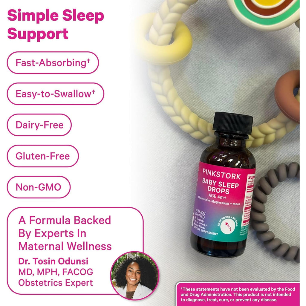 Pink Stork Baby Sleep Drops, Naturally Support Sleep without Melatonin for Infants, Toddlers, and Kids, Chamomile and Magnesium, Baby Essentials for Bedtime, 1 Oz, 30 Servings