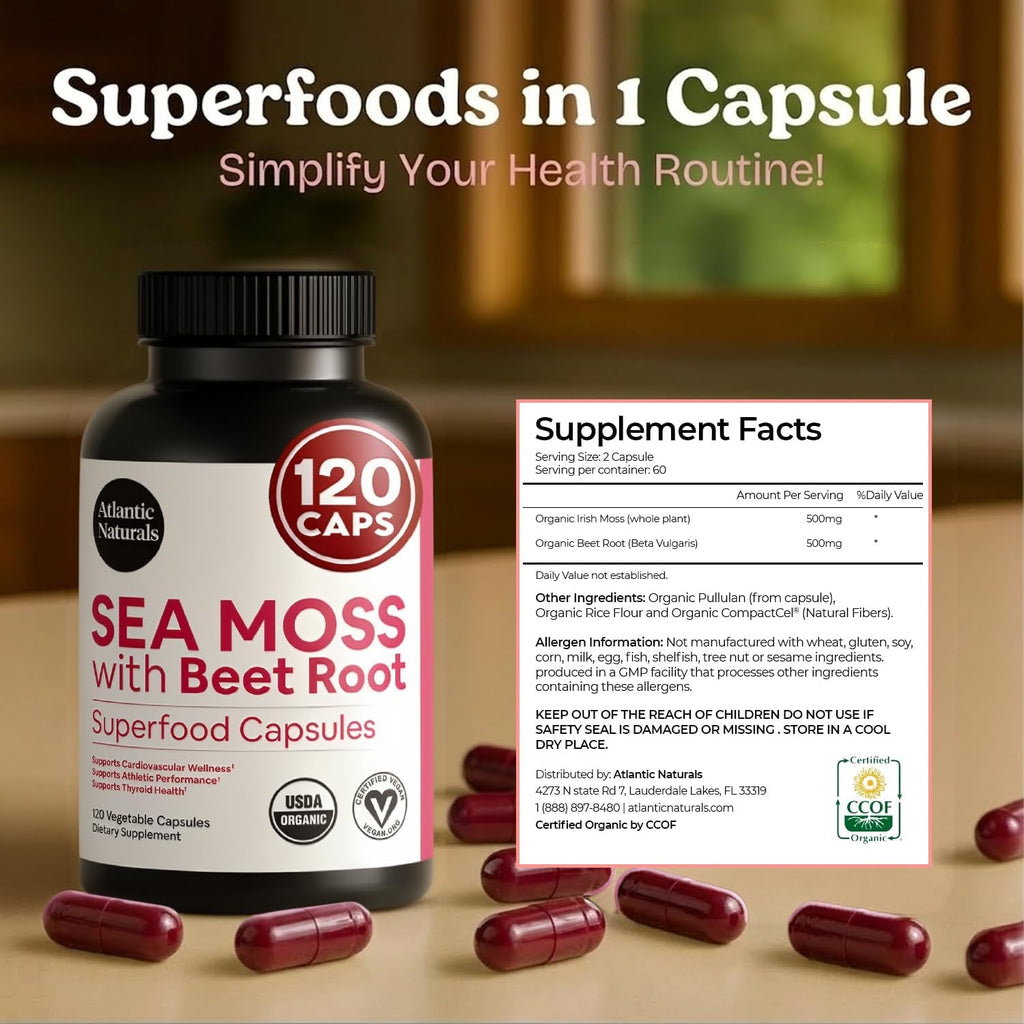 Atlantic Naturals Sea Moss with Beet Root Capsules - Premium Quality Multivitamin Supplement - Sea Moss Superfood to Support Immune Health, Blood Flow, Joint Health & Athletic Performance - 120 Ct