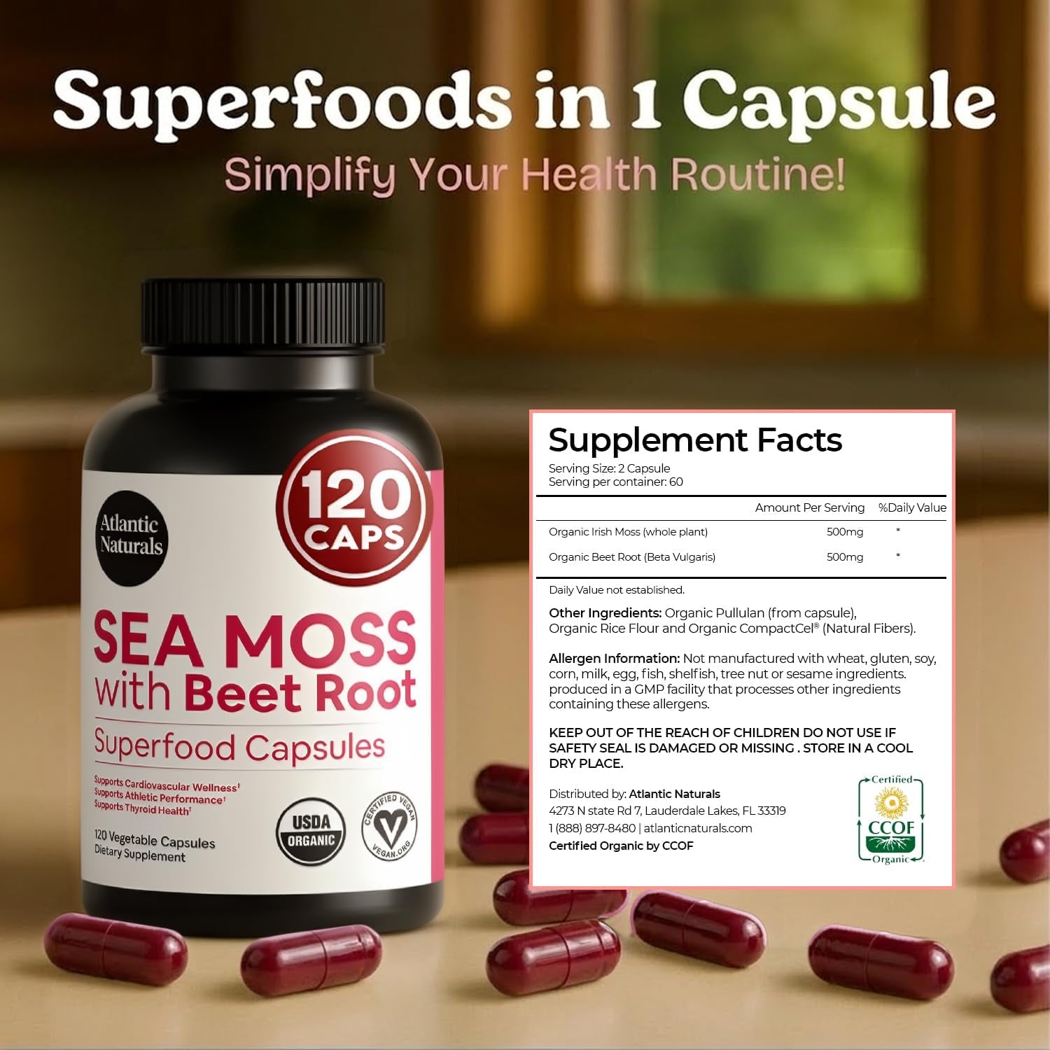 Atlantic Naturals Sea Moss with Beet Root Capsules - Premium Quality Multivitamin Supplement - Sea Moss Superfood to Support Immune Health, Blood Flow, Joint Health & Athletic Performance - 120 Ct