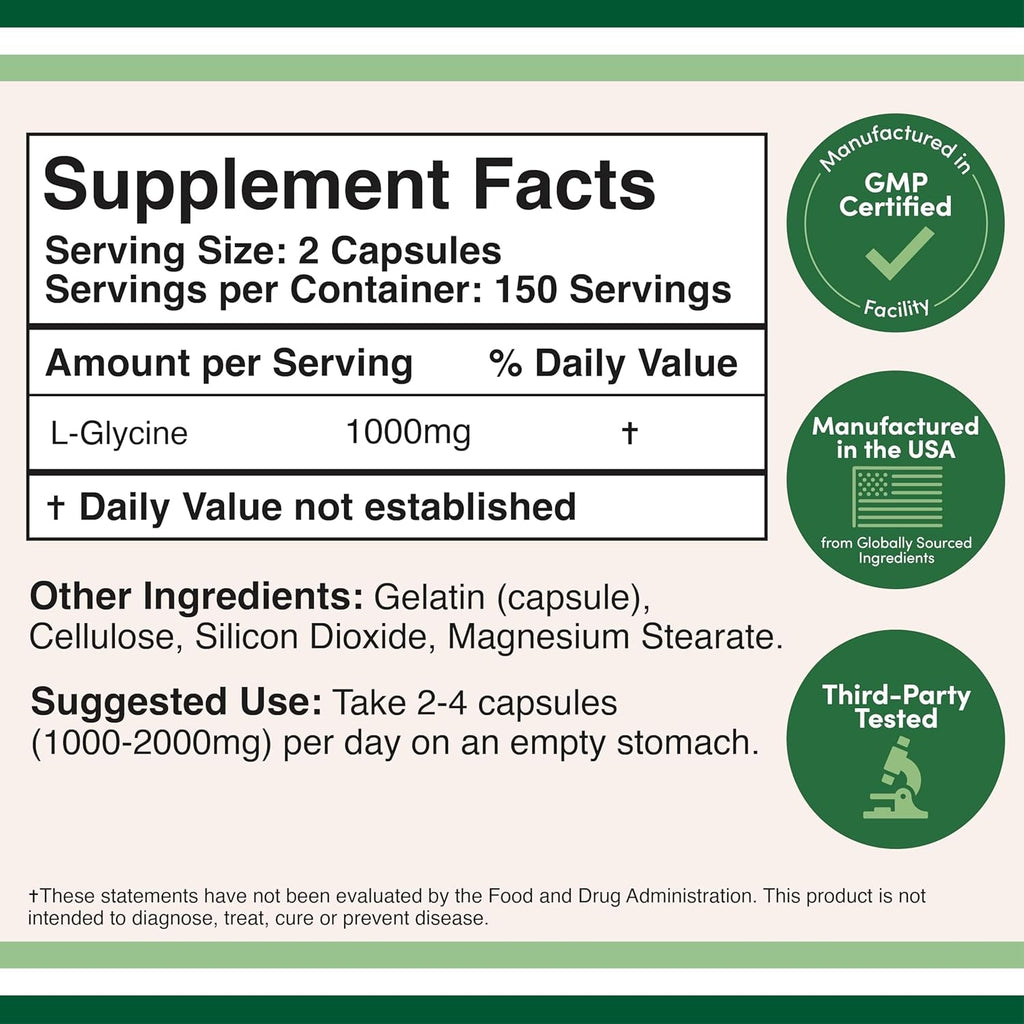 Glycine Supplement - 1,000Mg Glycine Powder per Serving (300 Capsules) the Relaxing Amino Acid (Glicina) (Third Party Tested, Gluten Free, Non-Gmo) by Double Wood