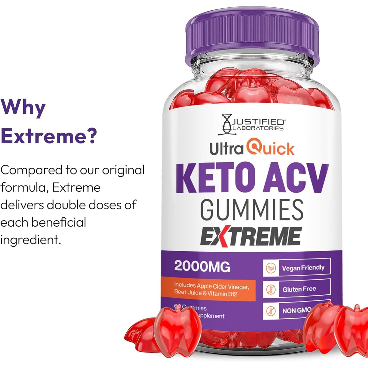 Justified Laboratories Ultra Quick Keto ACV Gummies Extreme (2000 Mg) - 60 Count - Formulated with Apple Cider Vinegar, Folate & Vitamin B12 - Non-Gmo, Vegan, Gluten Free - 30 Servings