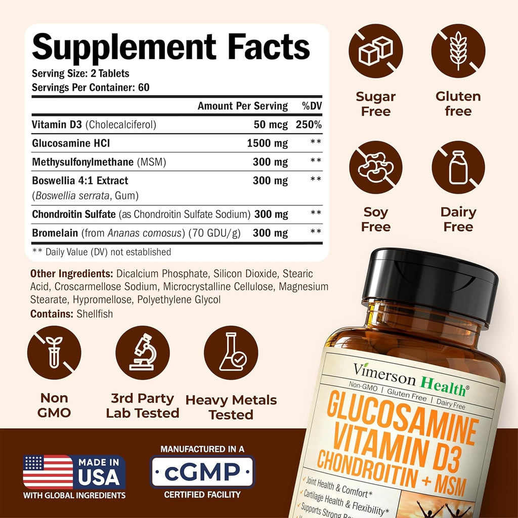 Vitamin D3 2000IU & Glucosamine Chondroitin – Daily Joint Support Supplement for Hair Skin Nails, Bone Health & Comfort with Boswellia Extract, Bromelain, Glucosamine Sulfate – FSA Eligible 120 Tabs