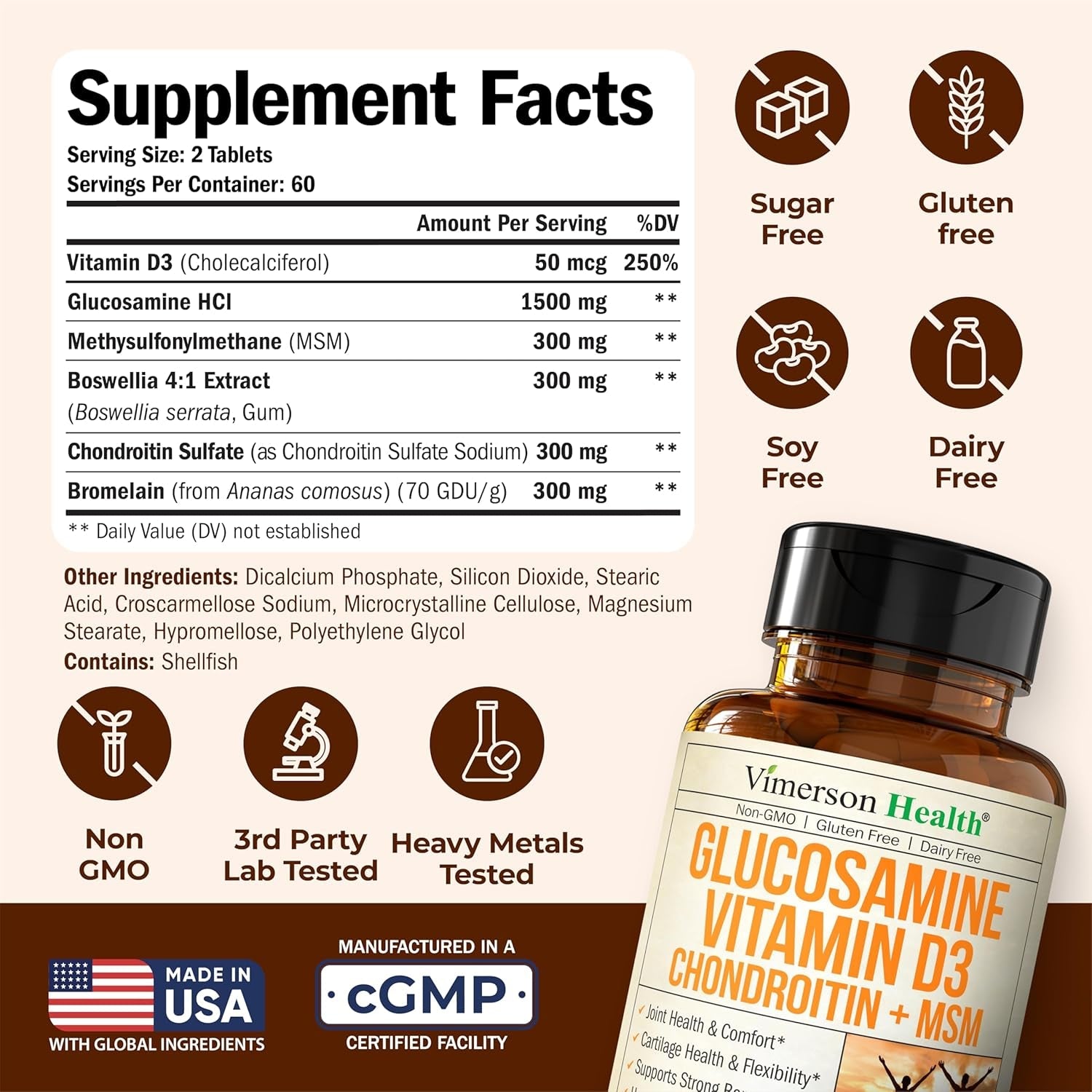 Vitamin D3 2000IU & Glucosamine Chondroitin – Daily Joint Support Supplement for Hair Skin Nails, Bone Health & Comfort with Boswellia Extract, Bromelain, Glucosamine Sulfate – FSA Eligible 120 Tabs