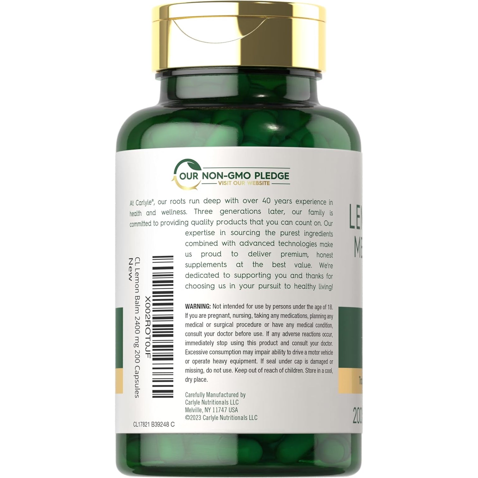 Carlyle Lemon Balm Capsules | 200 Count | Non-Gmo and Gluten Free Formula | Melissa Leaf Traditional Herbal Supplement | Super Concentrated Extract