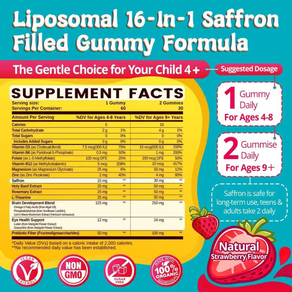 Duwhot Saffron for Kids Gummies Sugar Free, Saffron Magnesium Supplement W/Holy Basil, Rosemary, Omega-3 & Vitamins for Happy Kids, Brain, Energy & Vision Support, Vegan, Organic, 60 Chewables