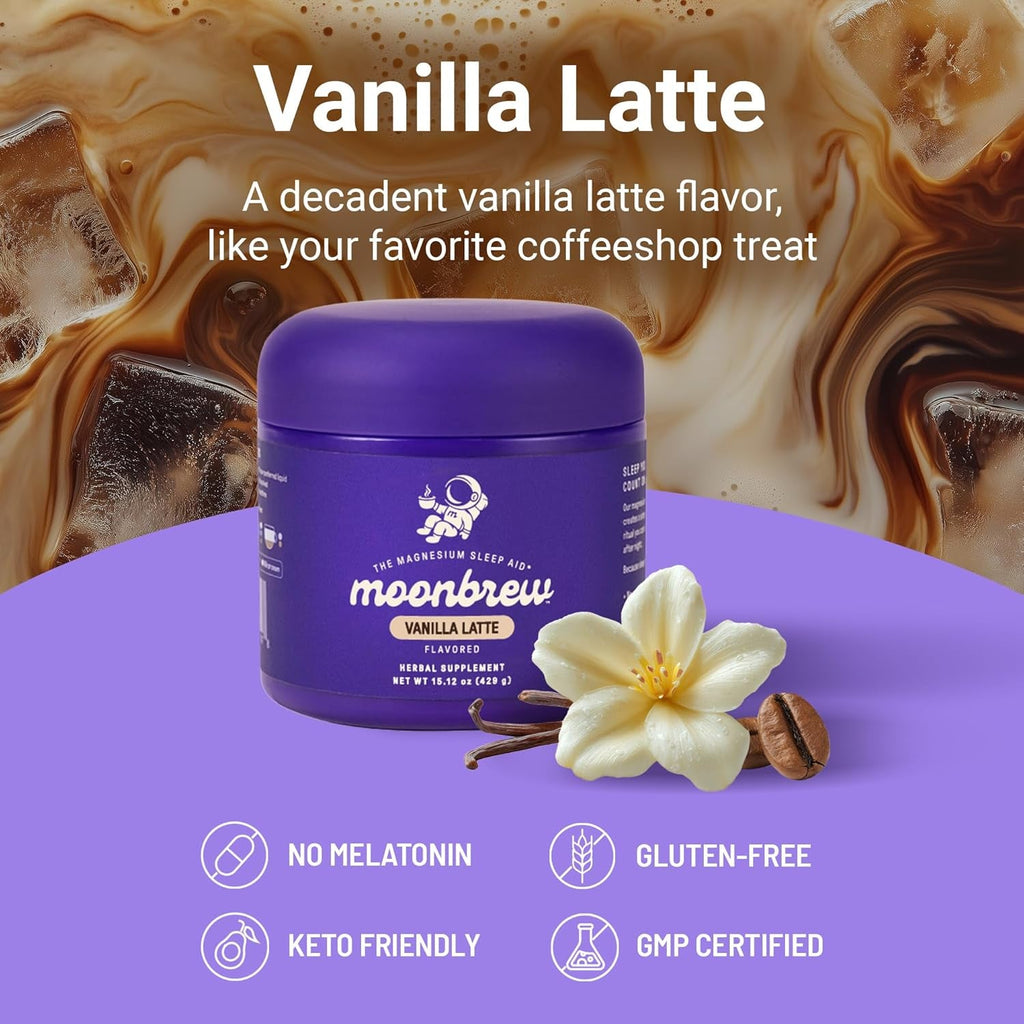 Moonbrew Magnesium Sleep Aid Drink Mix, Vanilla Latte – Melatonin-Free Nighttime Ritual for Relaxation & Deep Rest – Caffeine-Free Sleepy Latte with L-Theanine & Zinc – 25 Servings