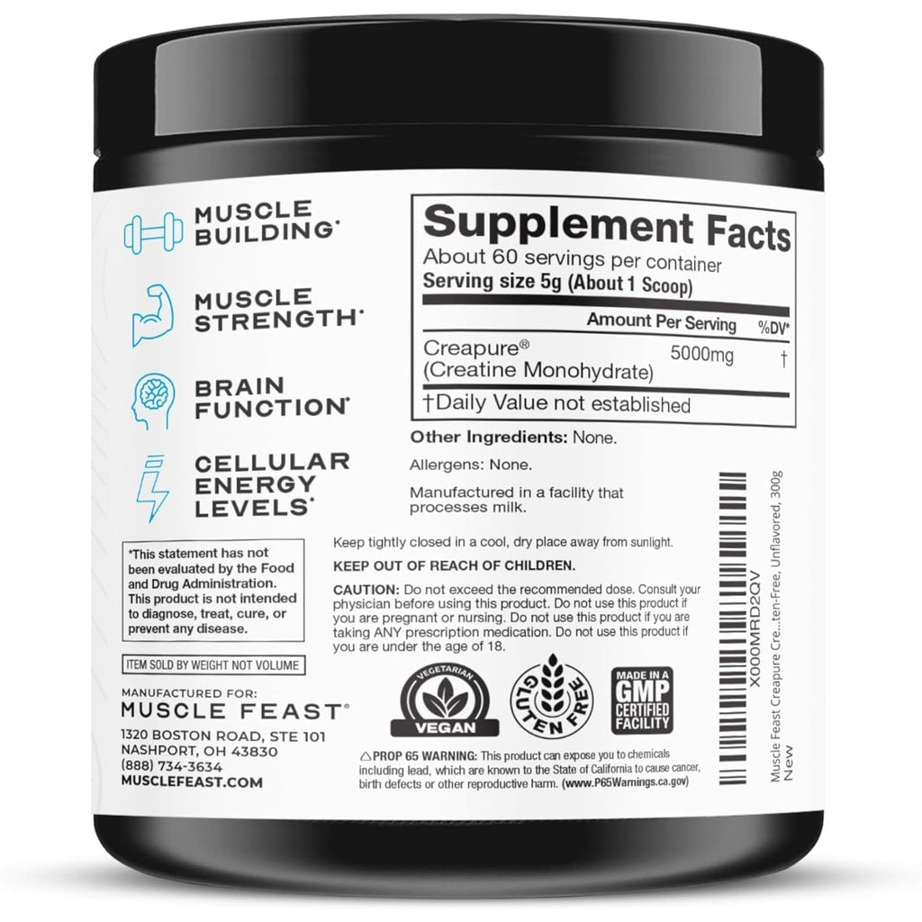 Muscle Feast Creapure Creatine Monohydrate Powder, Vegan Keto Friendly Gluten-Free, Mass Gainer, Muscle Recovery Supplement and Trusted Creatine for Muscle Growth, Creatine Powder, Unflavored, 300G