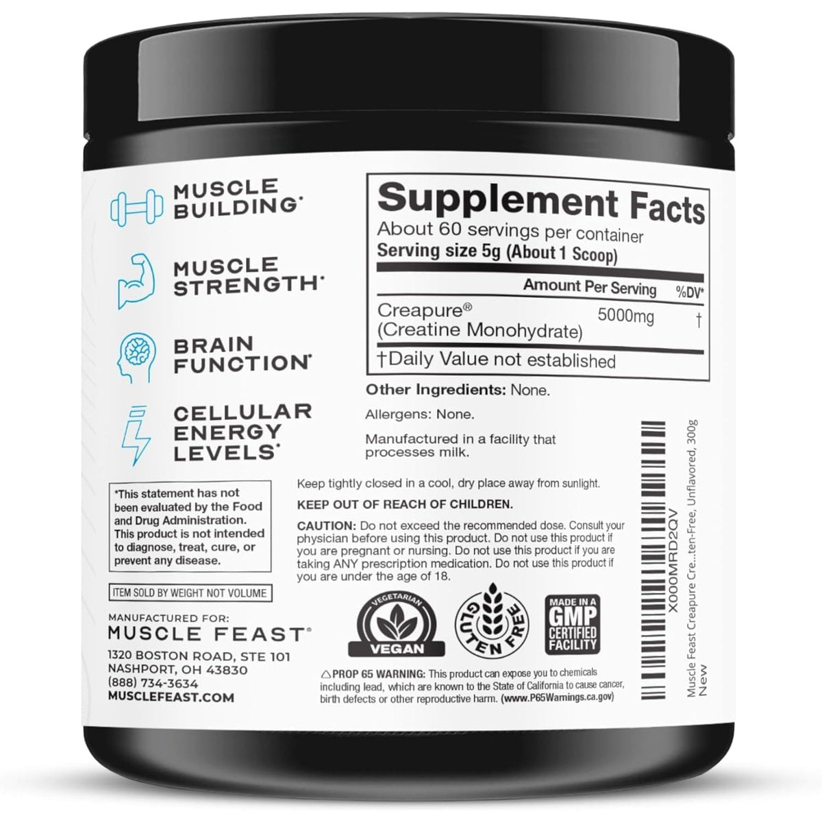 Muscle Feast Creapure Creatine Monohydrate Powder, Vegan Keto Friendly Gluten-Free, Mass Gainer, Muscle Recovery Supplement and Trusted Creatine for Muscle Growth, Creatine Powder, Unflavored, 300G