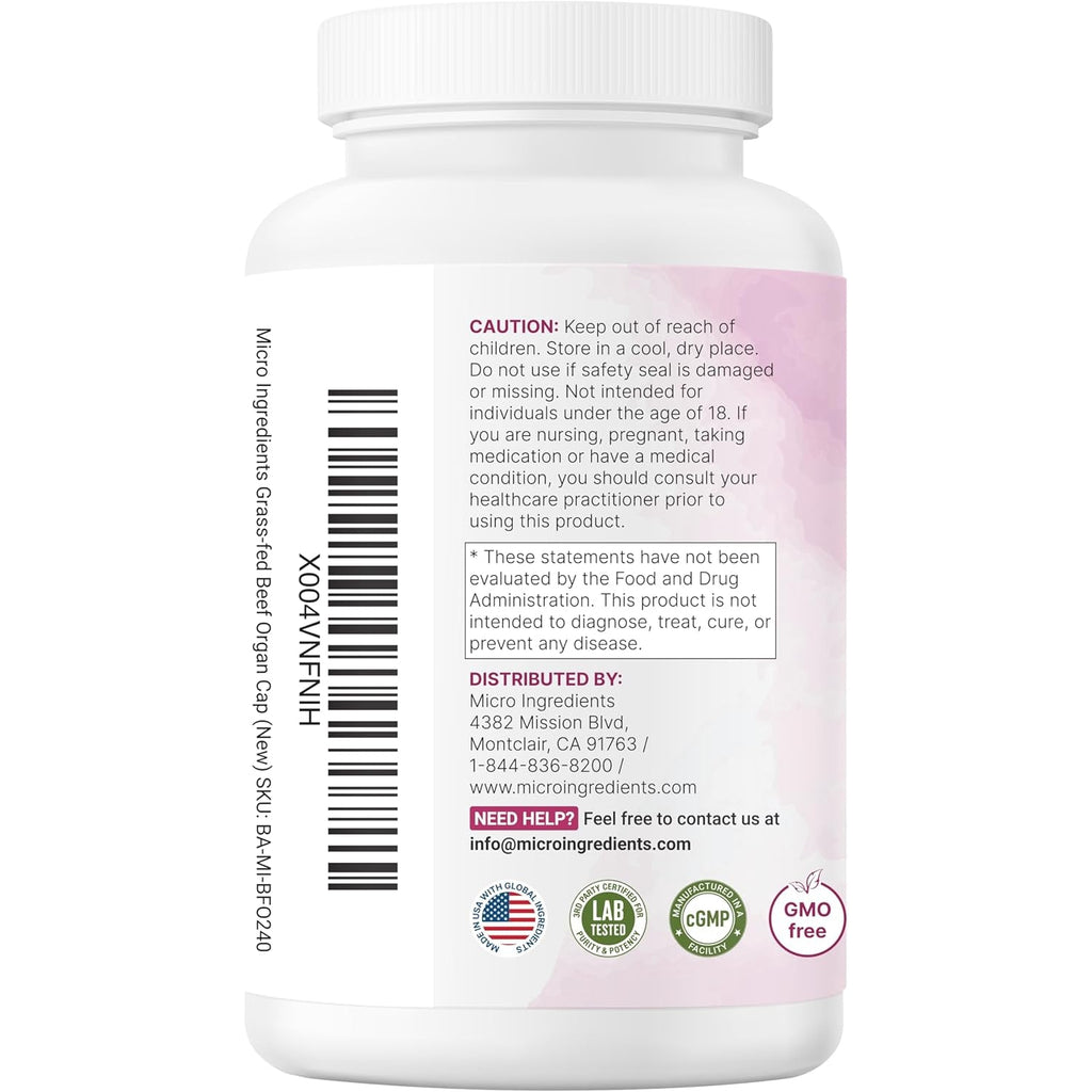 Micro Ingredients Grass‑Fed Beef Organ Supplement for Women – Bovine Beef Liver, Kidney, Heart & Uterus Tissue – 1,200 Mg Organ Blend plus Vitamin C, Colostrum & Collagen – 240 Capsules, No Fillers