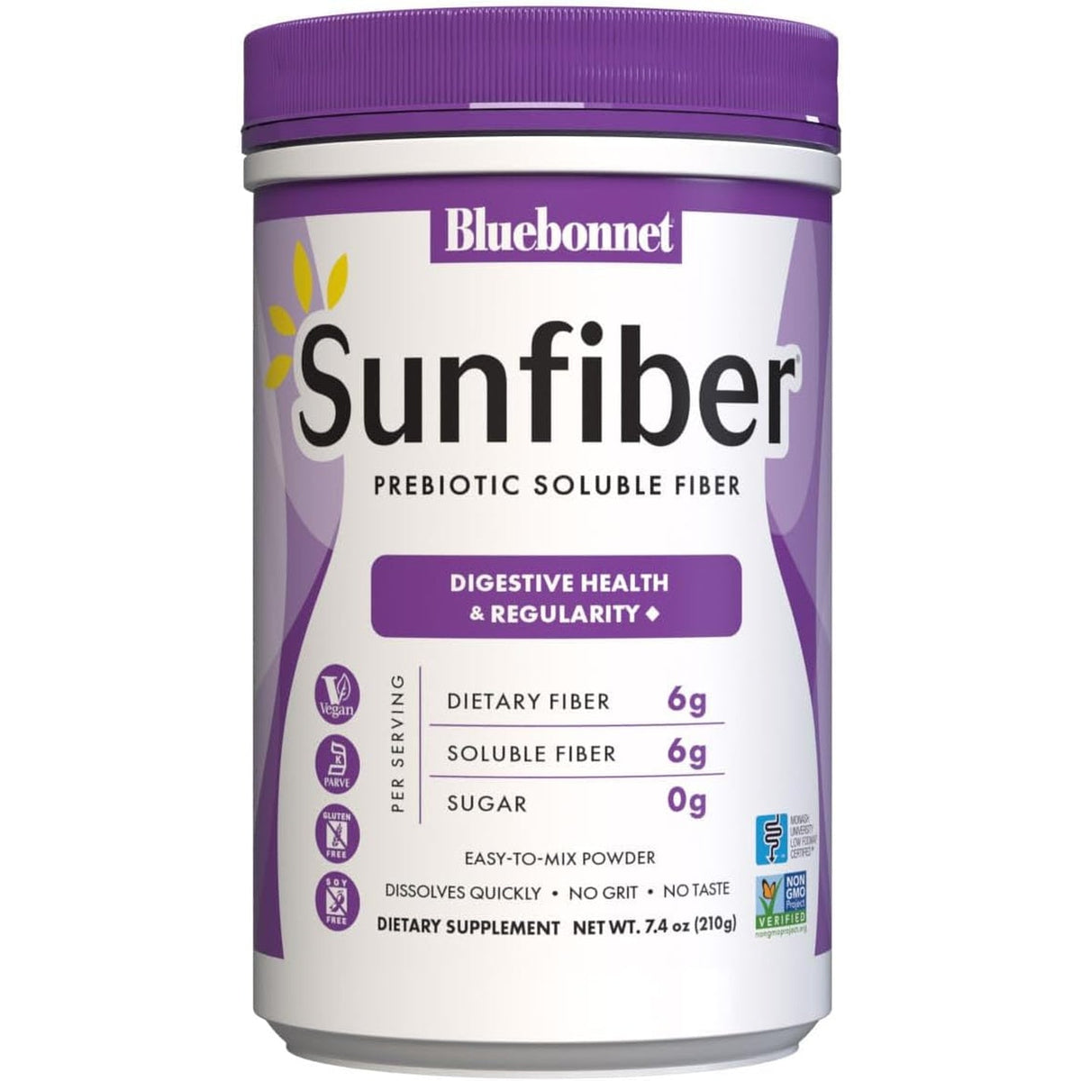 Bluebonnet Nutrition Sunfiber – 6 G of Plant Based Prebiotic Soluble Fiber – Supports Digestive Health* - Instant Dissolve – Non-Gmo, Vegan, Kosher, Low-Fodmap – Unflavored, 7.4 OZ, 30 Servings