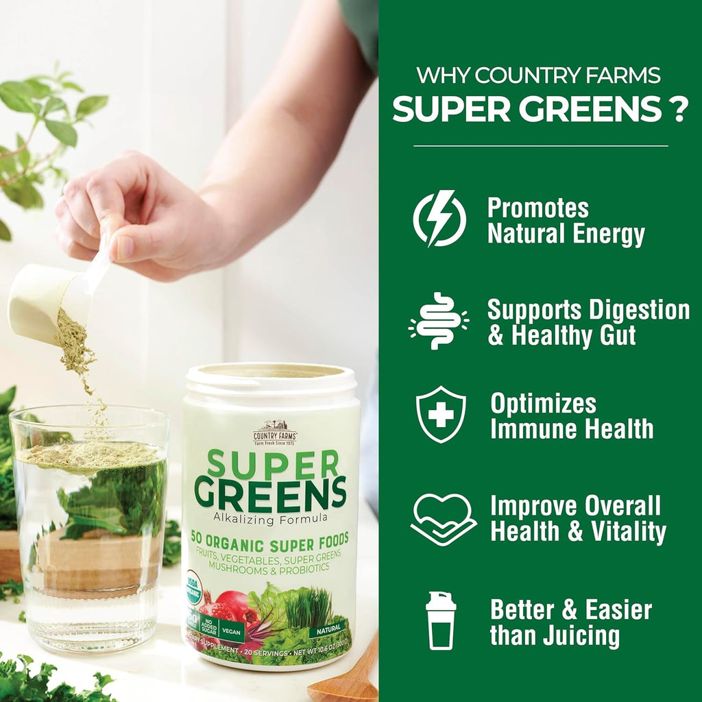 Country Farms Organic Super Greens Powder, 50 Organic Superfoods, Daily Greens Drink Mix with Fruits, Vegetables, Fiber, Probiotics & Mushrooms, Supports Energy, Gut Health & Digestion, Natural Flavor